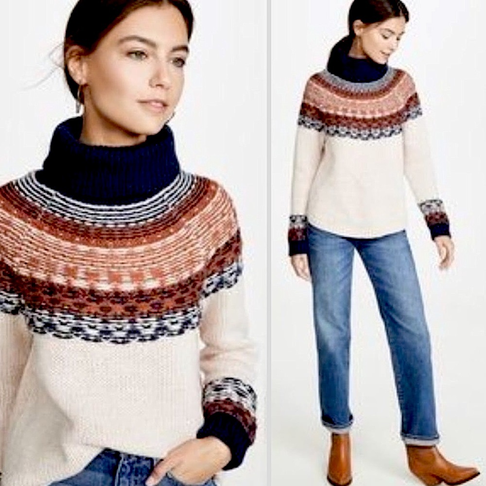 Madewell Cream Fair Isle Turtleneck Sweater with Navy Trim